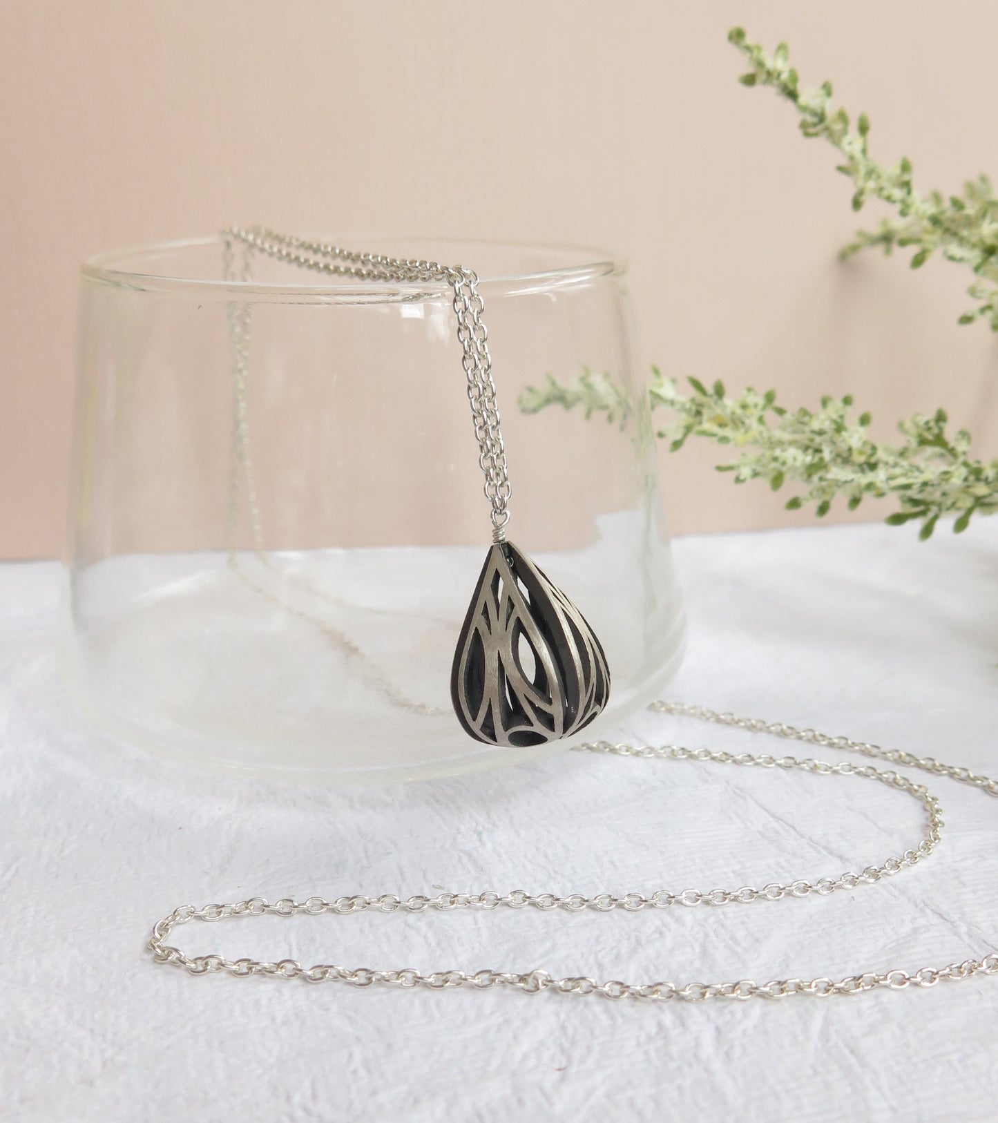 art deco design jewelry, art nouveau inspired pendant, elvish, elven, silver geometric contemporary necklace, drop necklace