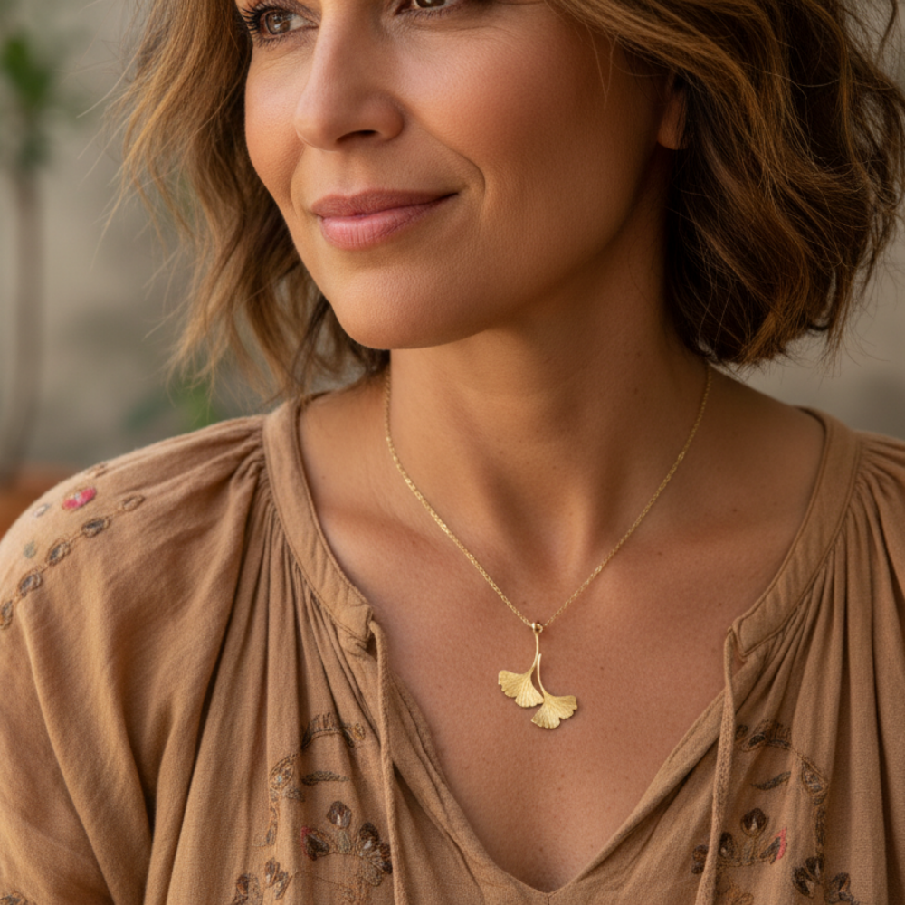 Smiling woman wearing a gold necklace with a ginkgo leaf pendant, with plants in the background
