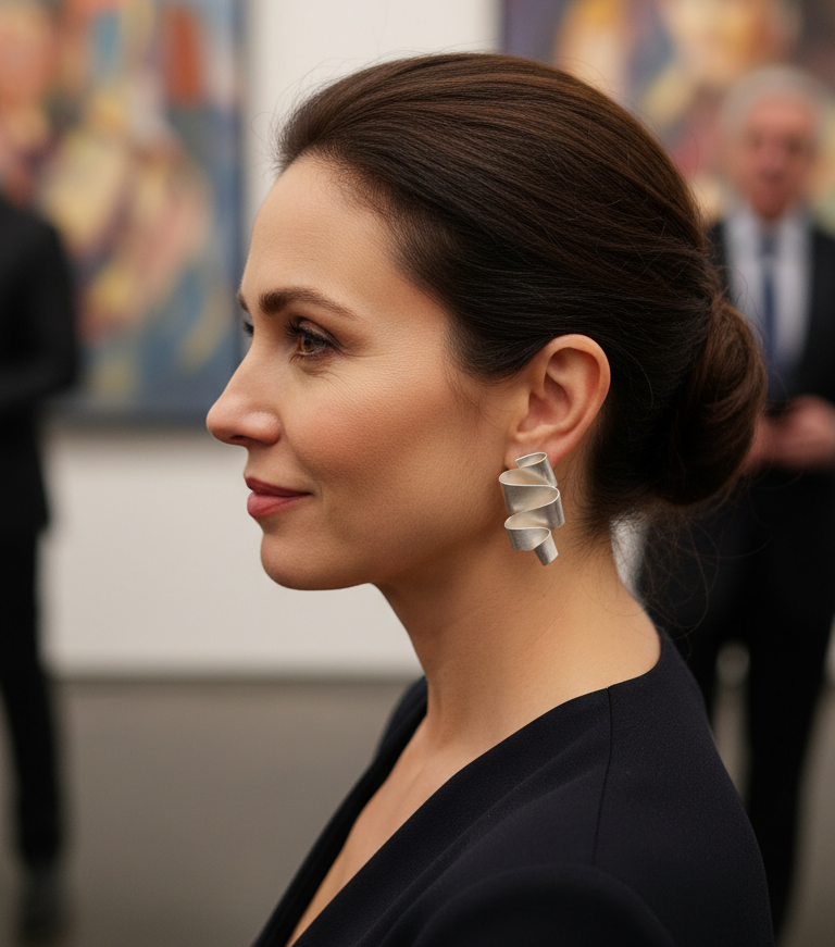 Woman wearing meandering sculptural ribbon earrings and a black dress with a blurred background of an art gallery