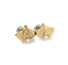 Load image into Gallery viewer, Gold ginkgo leaf shaped earrings with texture on a white background

