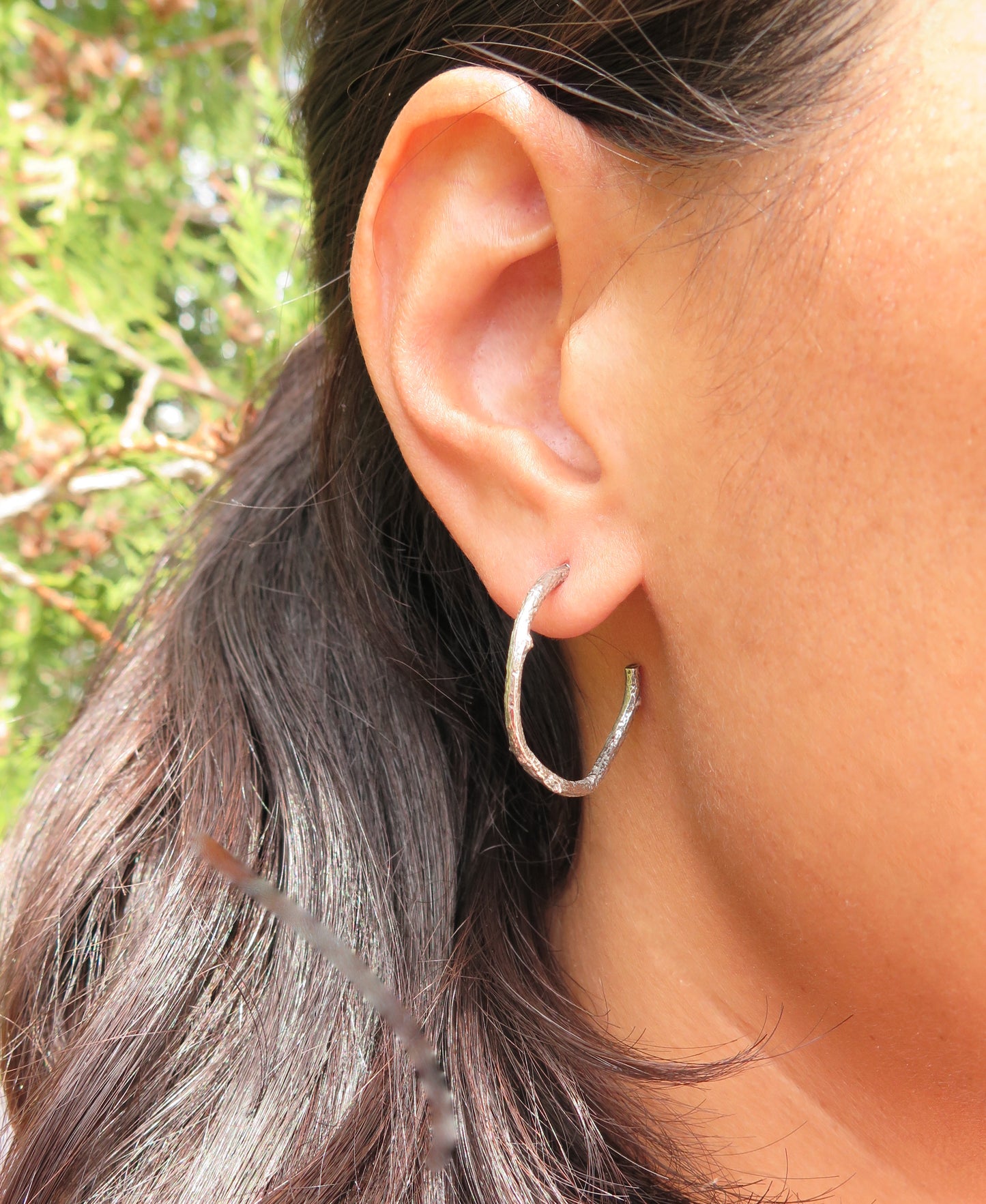 twig earrings, nature inspired hoop earrings, silver tree earrings, organic jewelry, textured jewellery 